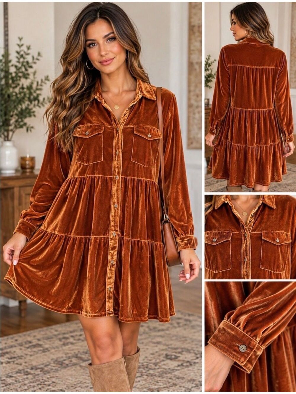 Umgee Velvet Tiered Buttonup Burnt Orange Long Sleeve Relaxed Fall Autumn Dress